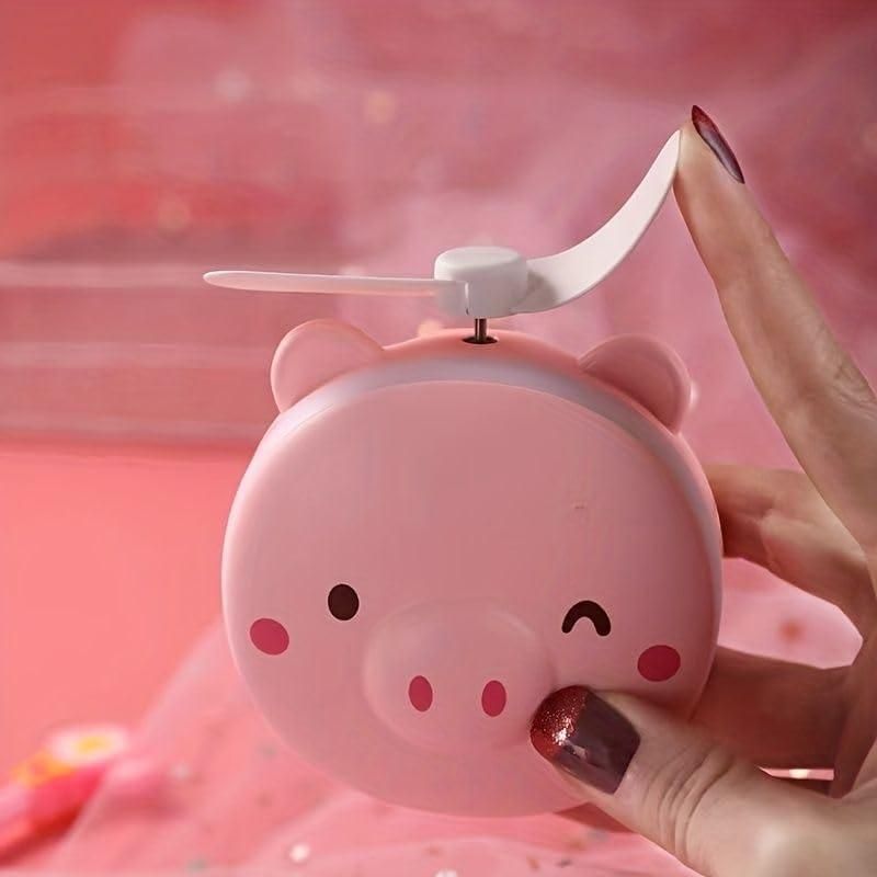 Cartoon Cute Pig LED Lights Mirror Pocket Fan