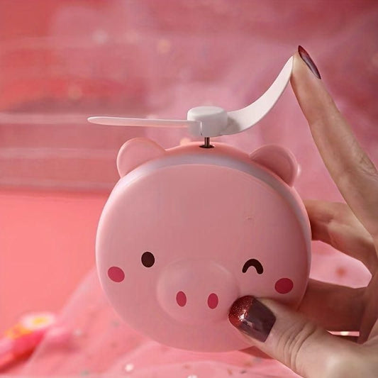 Cartoon Cute Pig LED Lights Mirror Pocket Fan